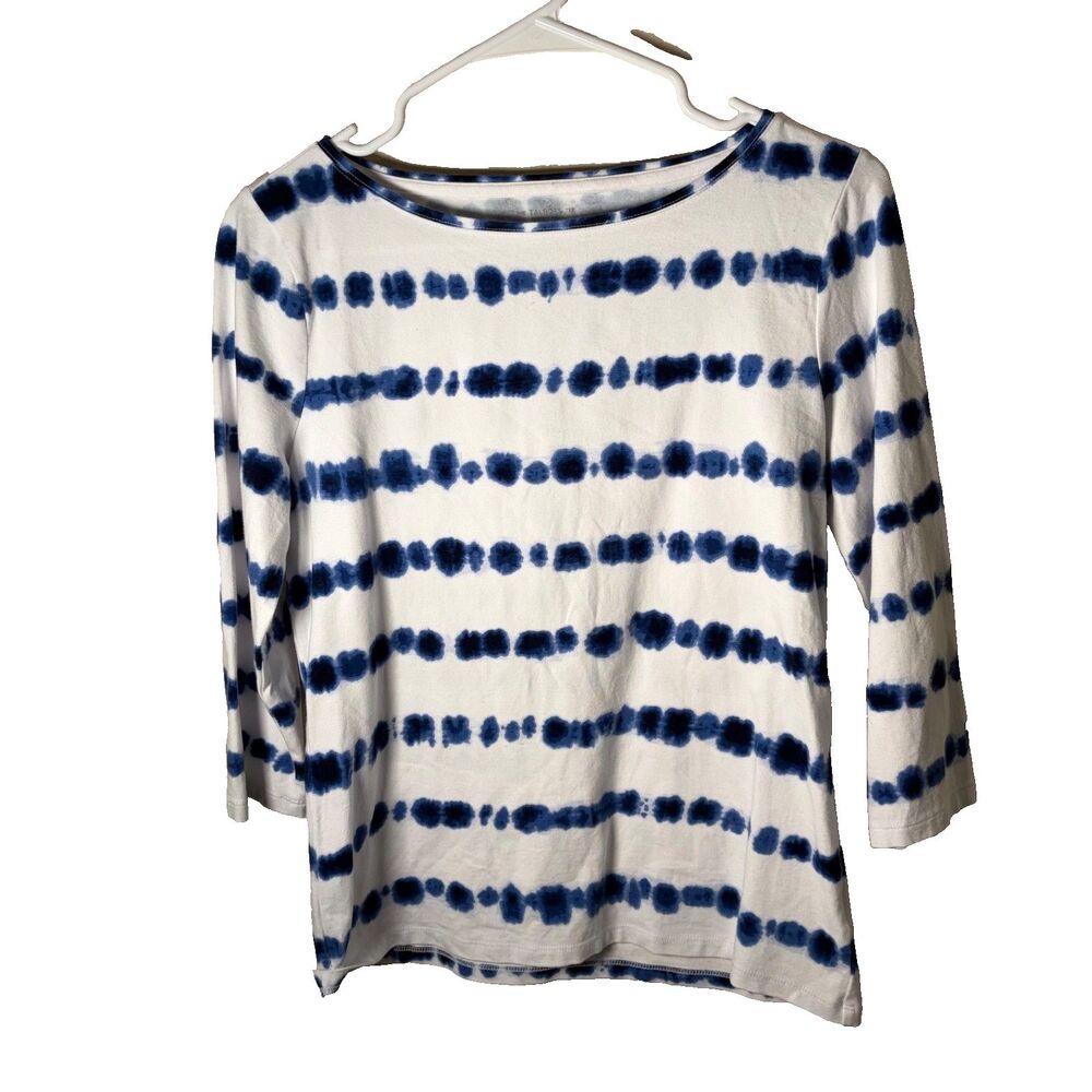 Talbots Tee Women's Petite Medium Tie Dye 3/4 Sleeve Blue Boat Neck Top